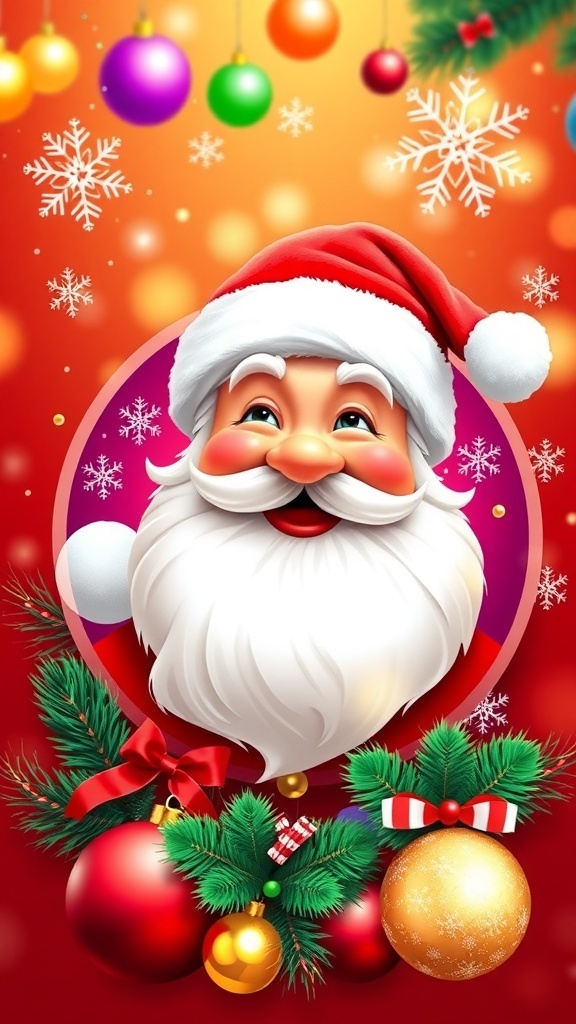 A festive Christmas profile picture icon with Santa Claus, ornaments, and snowflakes in bright colors.